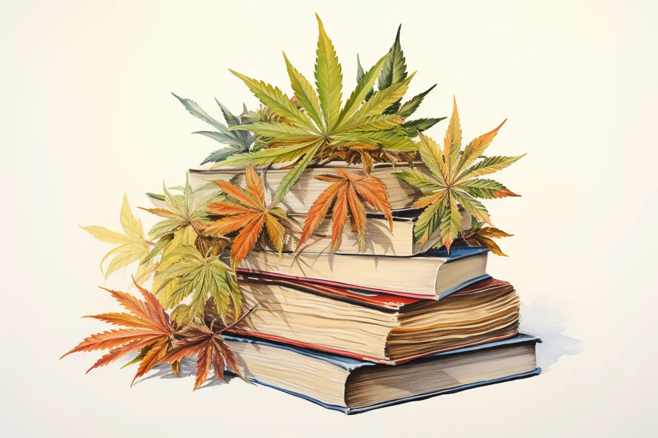 Aufeinander gestapelte Bücher sind mit Blättern von Cannabis verziert, die darauf liegen.